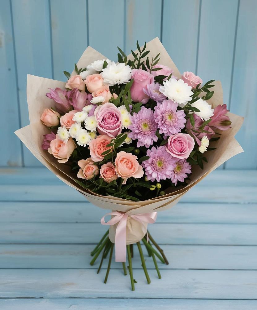 Букет цветов из: Хризантемы, Розы и Альстромерии в Углянце