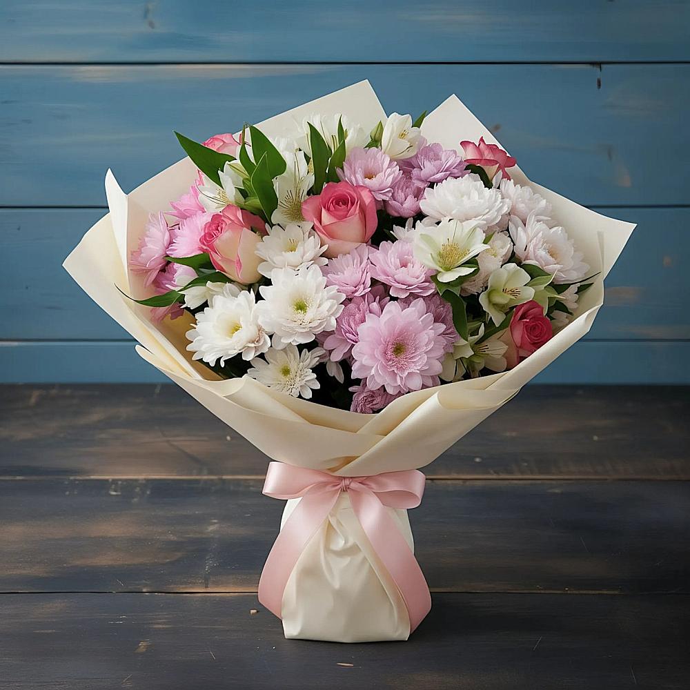 Букет цветов из: Хризантемы, Альстромерии и Розы в Углянце